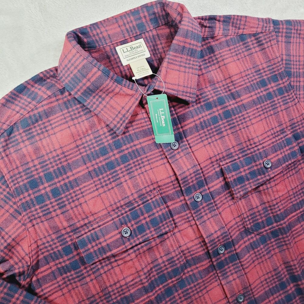 L.L.Bean Shirt Mens XLT Red Plaid Long Sleeve Flannel Chamois Cotton Button Up